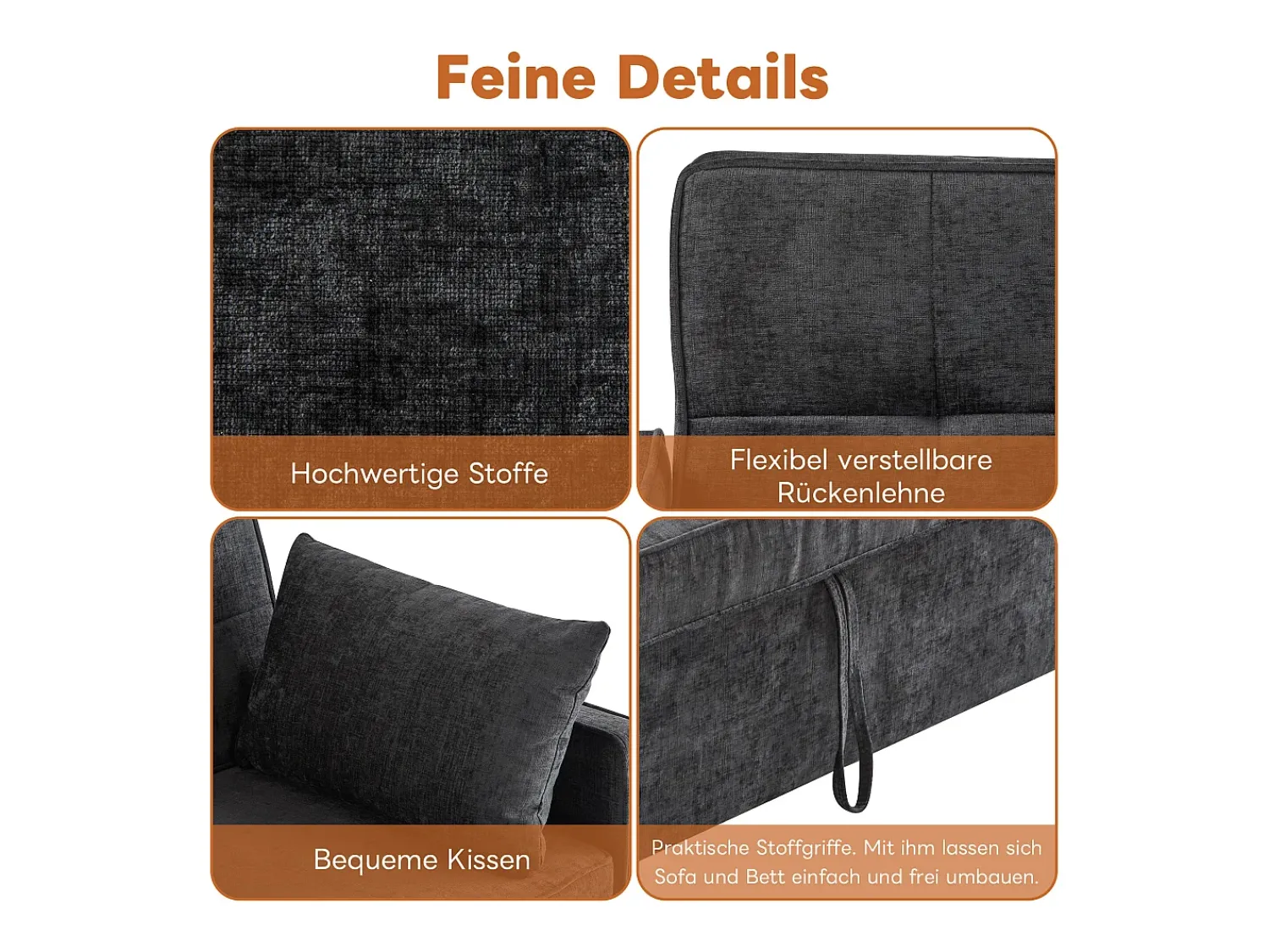 Sofá|Merax Sofá-cama de 2 lugares, sofá-cama dobrável em tecido chenille - 142 x 79/174 x 85 cm - com função sleep e encosto ajustável - Preto
