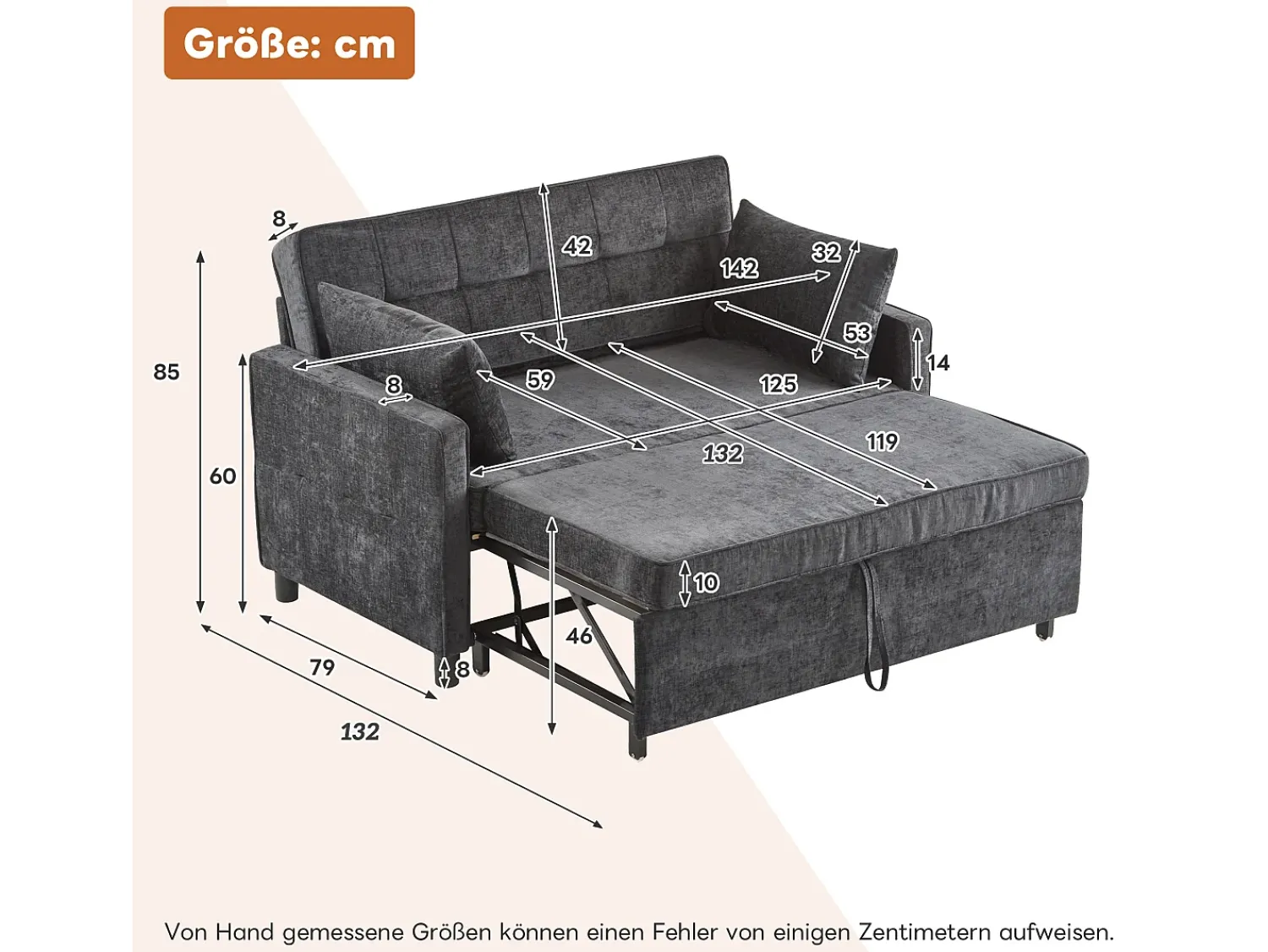 Sofá|Merax Sofá-cama de 2 lugares, sofá-cama dobrável em tecido chenille - 142 x 79/174 x 85 cm - com função sleep e encosto ajustável - Preto