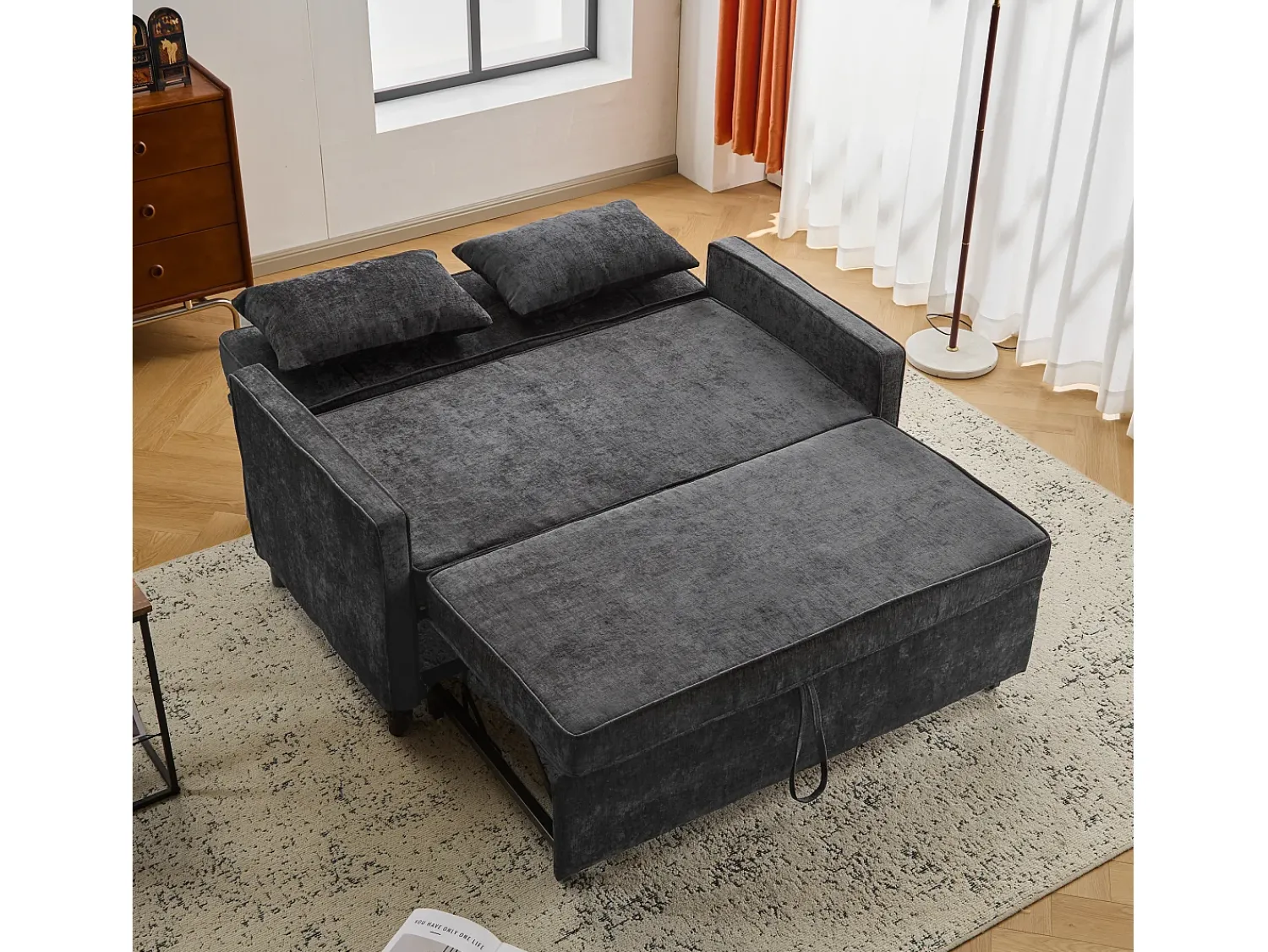 Sofá|Merax Sofá-cama de 2 lugares, sofá-cama dobrável em tecido chenille - 142 x 79/174 x 85 cm - com função sleep e encosto ajustável - Preto