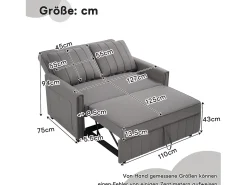Hot Merax Sofá-cama de 2 lugares, sofá-cama dobrável em tecido de linho - 127 x 75/180 x 94 cm - com função dormir e encosto ajustável - Cinza Cinzento