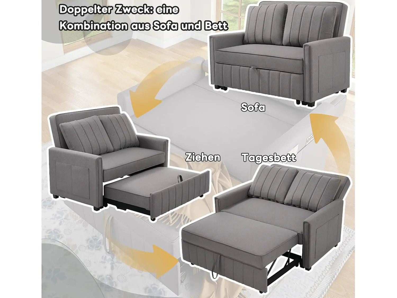 Hot Merax Sofá-cama de 2 lugares, sofá-cama dobrável em tecido de linho - 127 x 75/180 x 94 cm - com função dormir e encosto ajustável - Cinza Cinzento