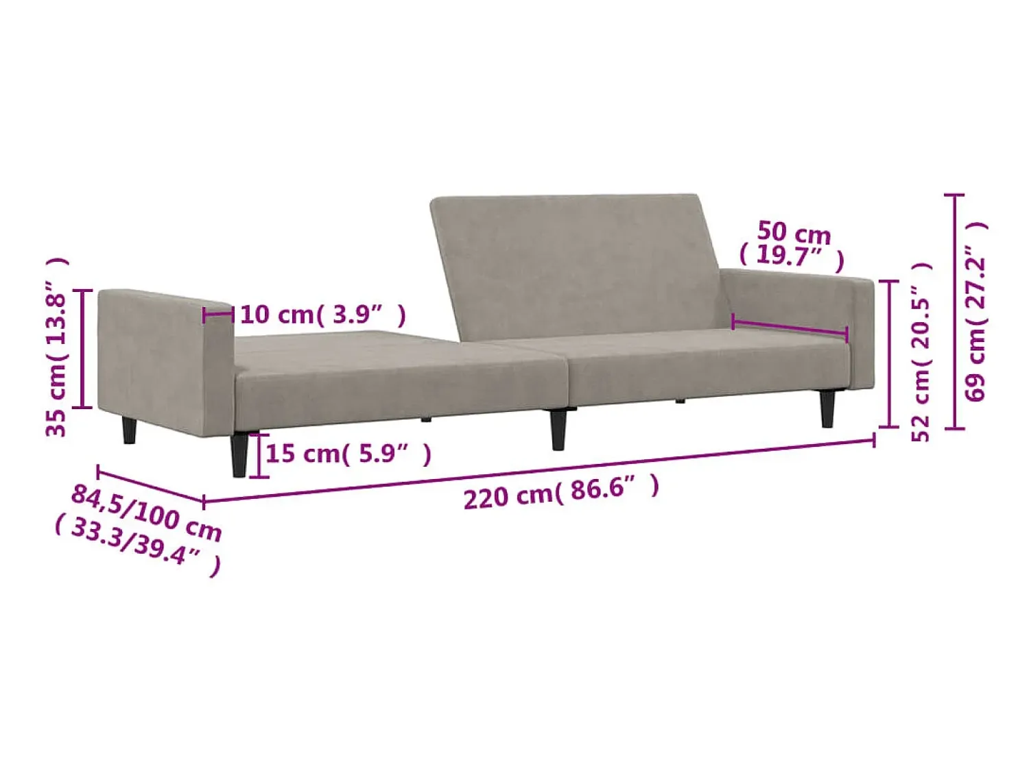 vidaxl Sofá-cama de 2 lugares veludo -claro^ Sofá