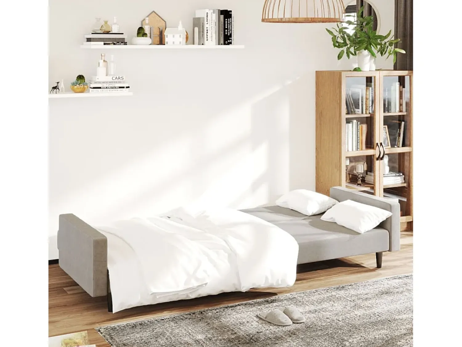 Sofá-cama de 2 lugares veludo cinzento-claro PT937995^ Sofá