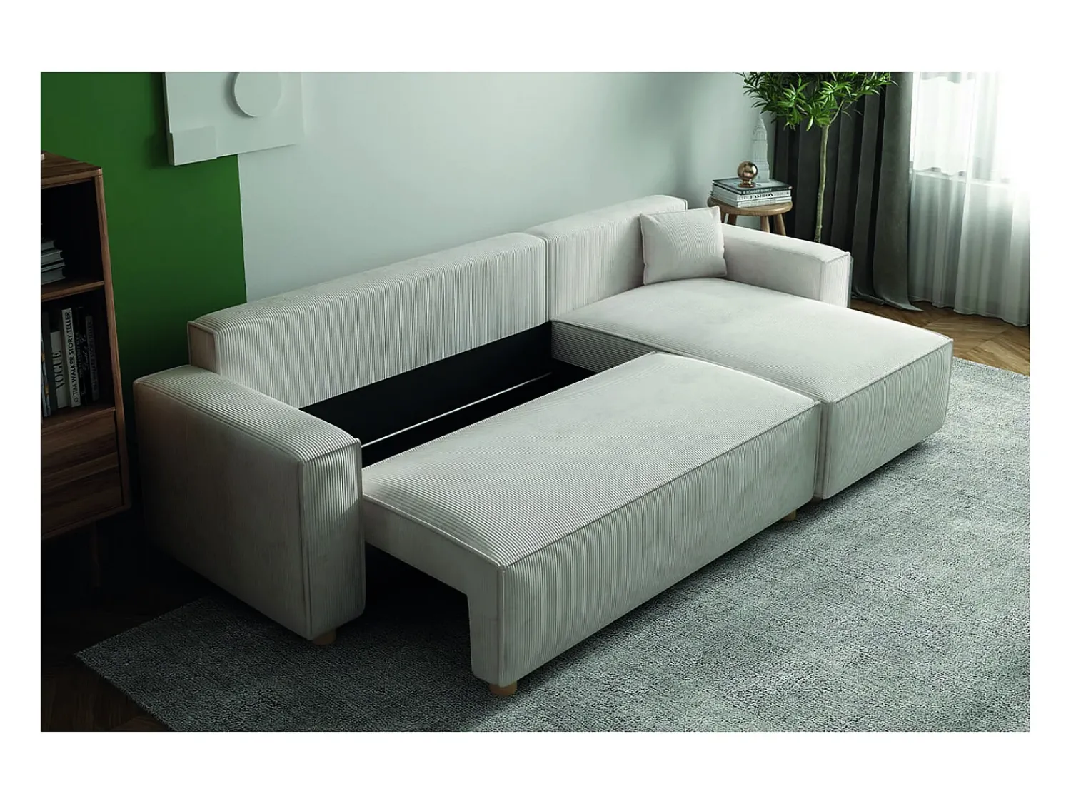 Outlet Concept-Usine Sofá-Cama de Canto 4 Lugares Veludo Cotelê COSY - Elegante e Versátil Bege