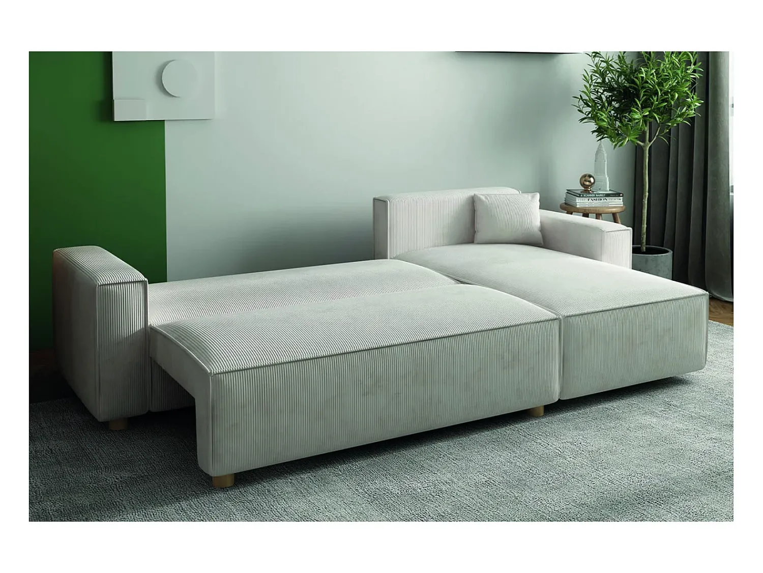 Outlet Concept-Usine Sofá-Cama de Canto 4 Lugares Veludo Cotelê COSY - Elegante e Versátil Bege