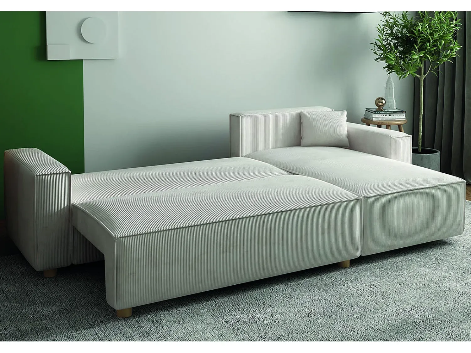Outlet Concept-Usine Sofá-Cama de Canto 4 Lugares Veludo Cotelê COSY - Elegante e Versátil Bege