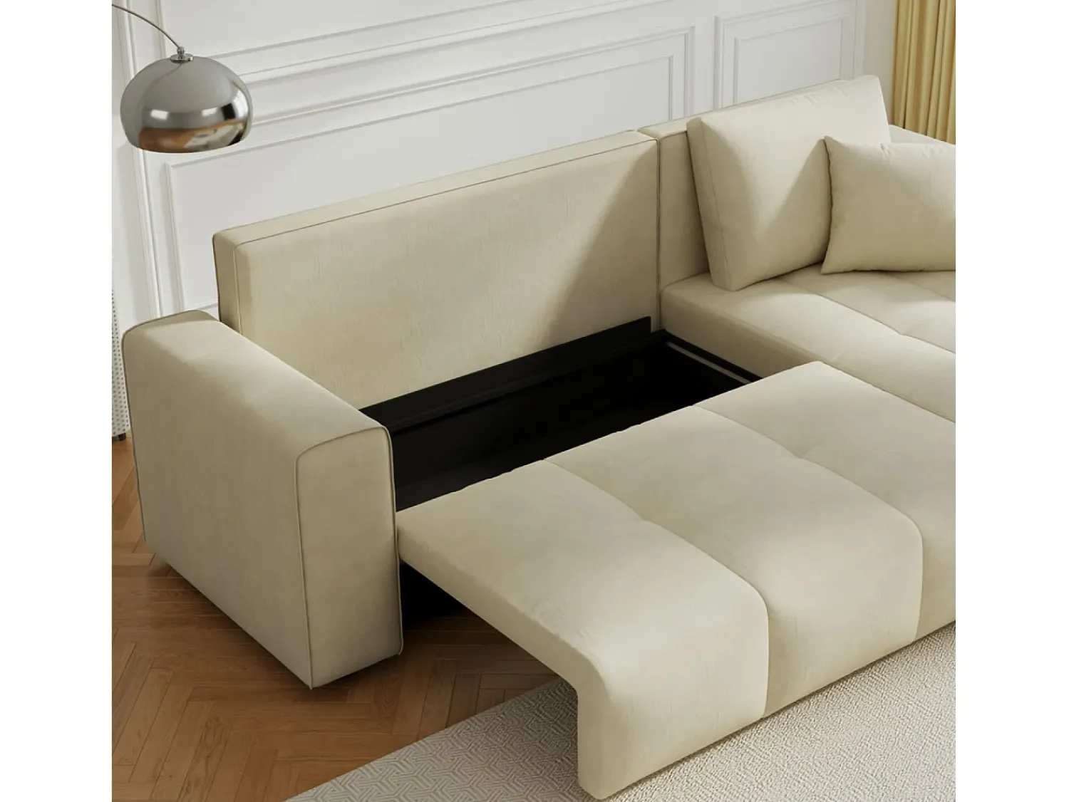 Concept-Usine Sofá-cama de canto conversível de 4 lugares em veludo BRIGHTON com baú - Estilo contemporâneo, estrutura em madeira maciça^ Sofá