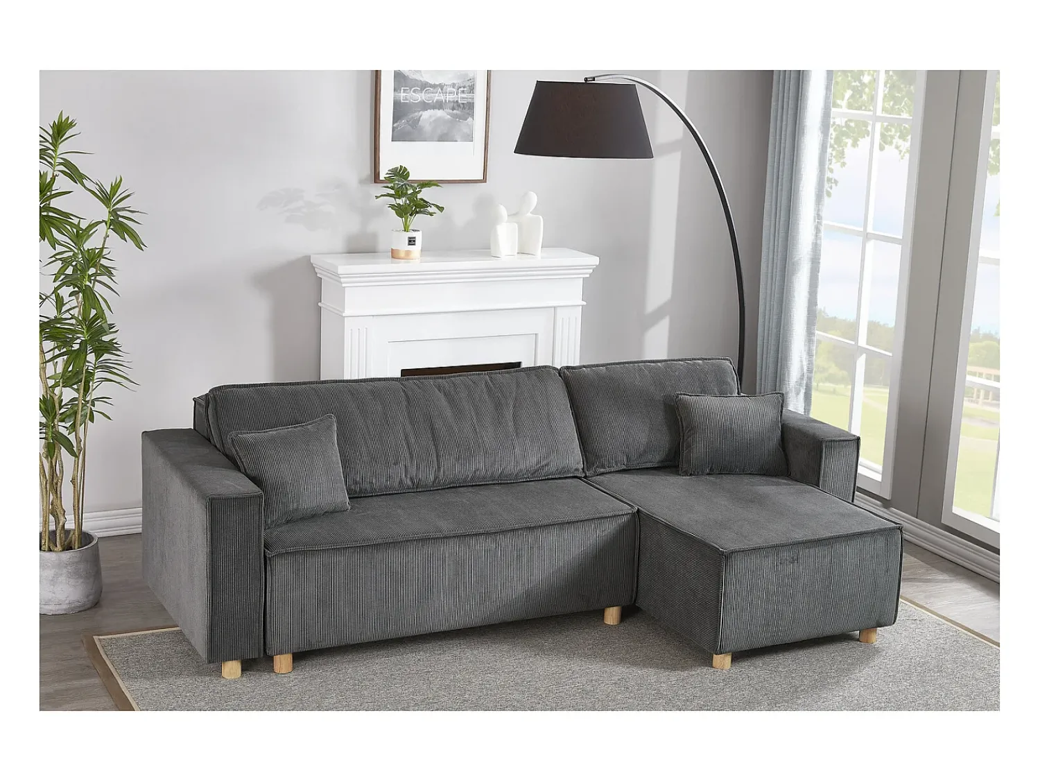 Concept-Usine Sofá-Cama de Canto Conversível 4 Lugares Veludo Cotelê Cinza COSY - Design Elegante e Versátil Cinzento