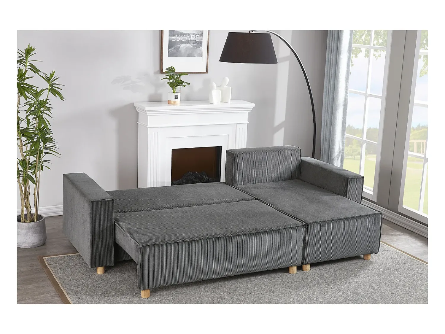 Concept-Usine Sofá-Cama de Canto Conversível 4 Lugares Veludo Cotelê Cinza COSY - Design Elegante e Versátil Cinzento