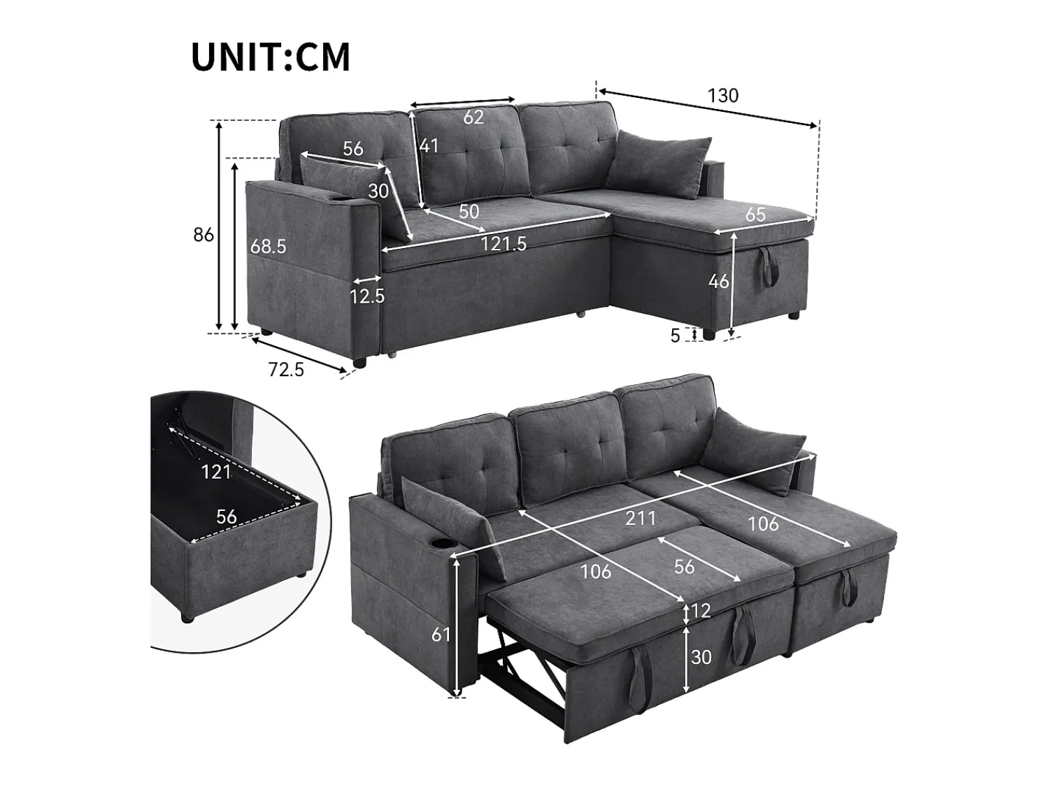 New Hauss Spole Sofá-cama de canto de 3 lugares com suporte para copos e espaço de arrumação - Tecido de algodão e linho Cinzento