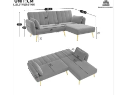 Online Hauss Spole Sofá-cama de canto de 3 lugares com chaise longue e encosto ajustável - Veludo Cinzento