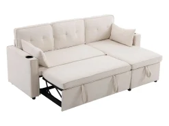 Sofá*Hauss Spole Sofá-cama de canto de 3 lugares com suporte para copos e espaço de arrumação - Tecido de algodão e linho Bege
