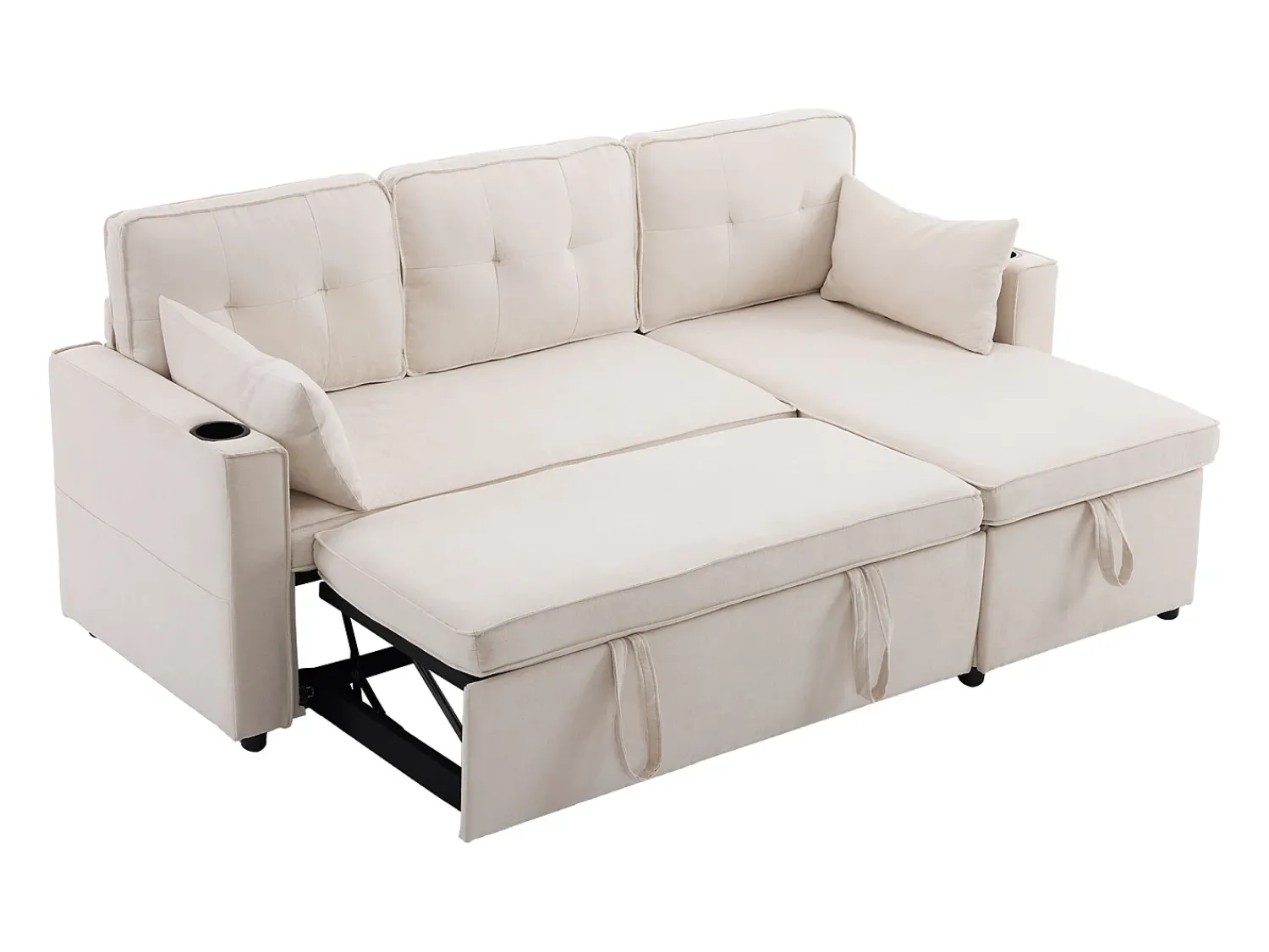 Sofá*Hauss Spole Sofá-cama de canto de 3 lugares com suporte para copos e espaço de arrumação - Tecido de algodão e linho Bege