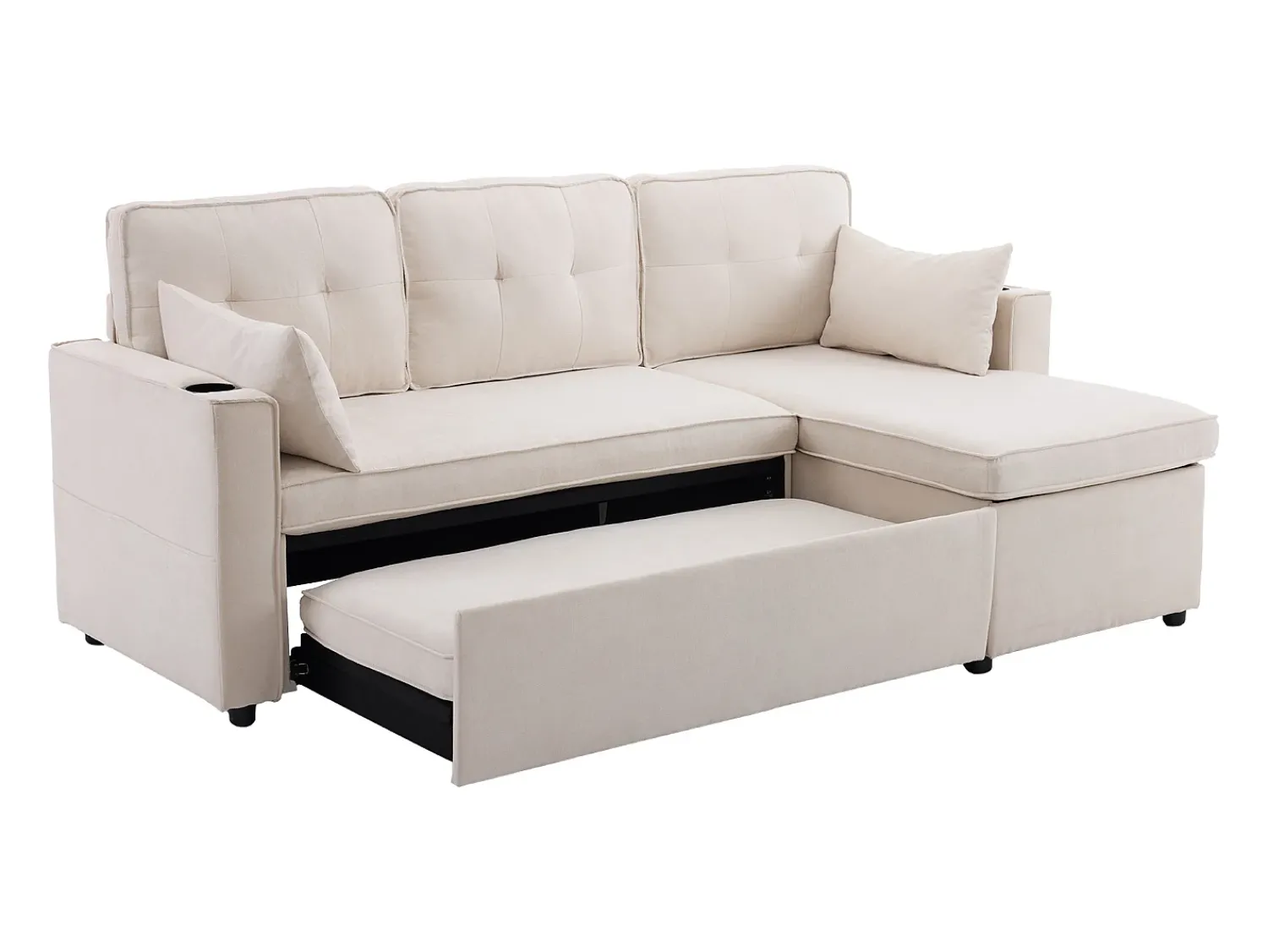 Sofá*Hauss Spole Sofá-cama de canto de 3 lugares com suporte para copos e espaço de arrumação - Tecido de algodão e linho Bege