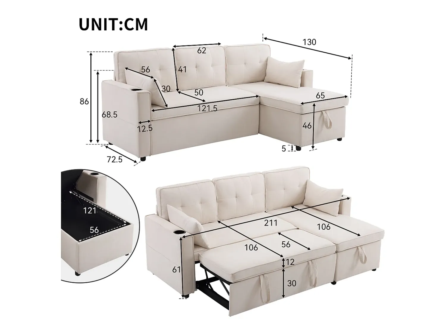 Sofá*Hauss Spole Sofá-cama de canto de 3 lugares com suporte para copos e espaço de arrumação - Tecido de algodão e linho Bege