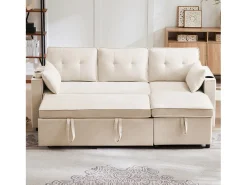 Sofá*Hauss Spole Sofá-cama de canto de 3 lugares com suporte para copos e espaço de arrumação - Tecido de algodão e linho Bege