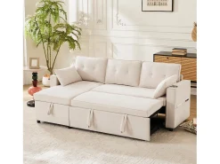 Sofá*Hauss Spole Sofá-cama de canto de 3 lugares com suporte para copos e espaço de arrumação - Tecido de algodão e linho Bege