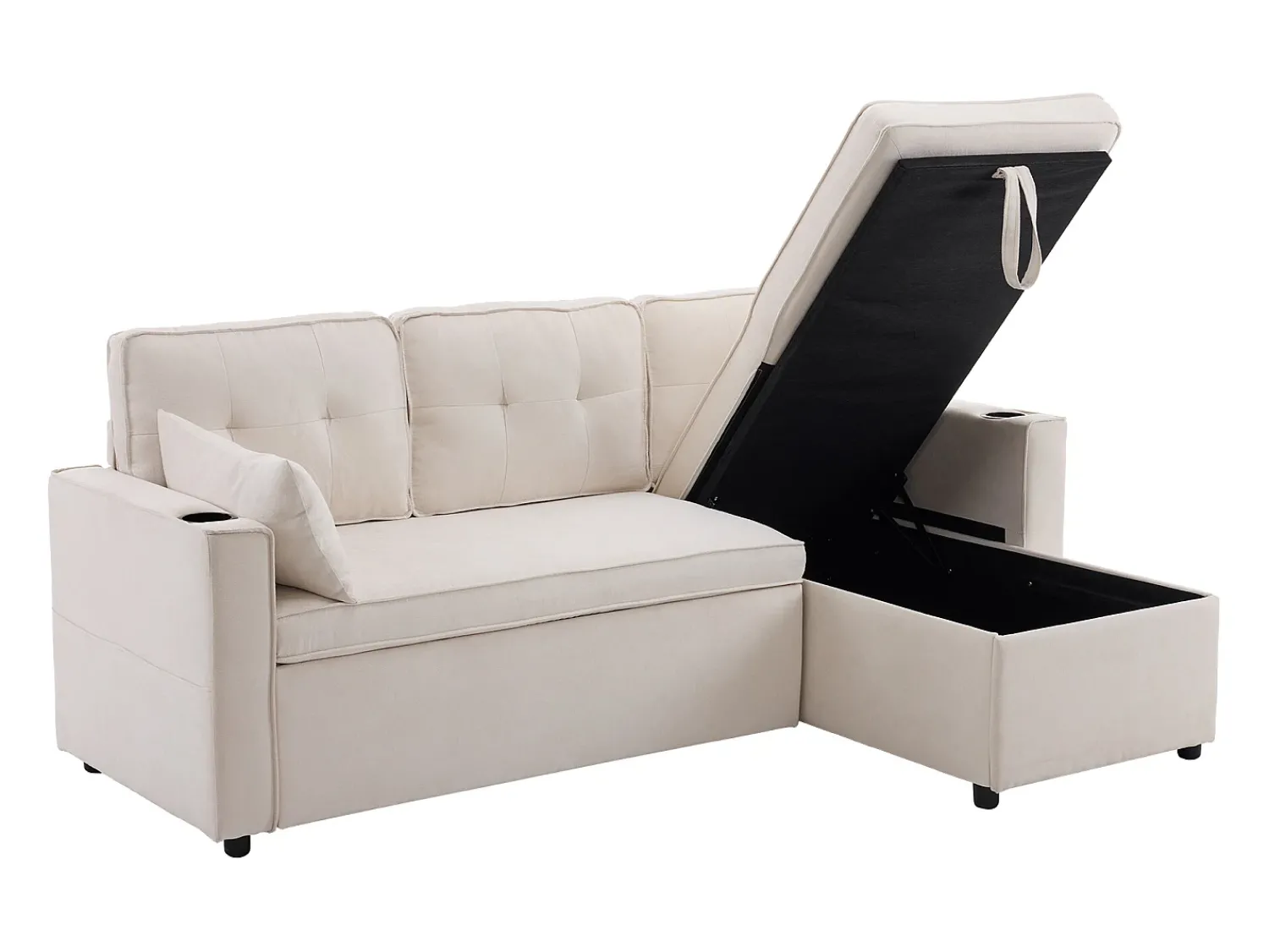 Sofá*Hauss Spole Sofá-cama de canto de 3 lugares com suporte para copos e espaço de arrumação - Tecido de algodão e linho Bege