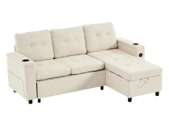 Sofá*Hauss Spole Sofá-cama de canto de 3 lugares com iluminação LED, espaço de arrumação e entradas USB - Tecido Bege