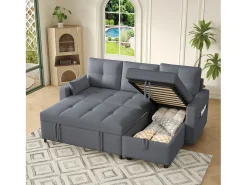 Hauss Spole Sofá-cama de canto de 3 lugares em linho - Com compartimento de arrumação e suporte para copos embutido.^ Sofá