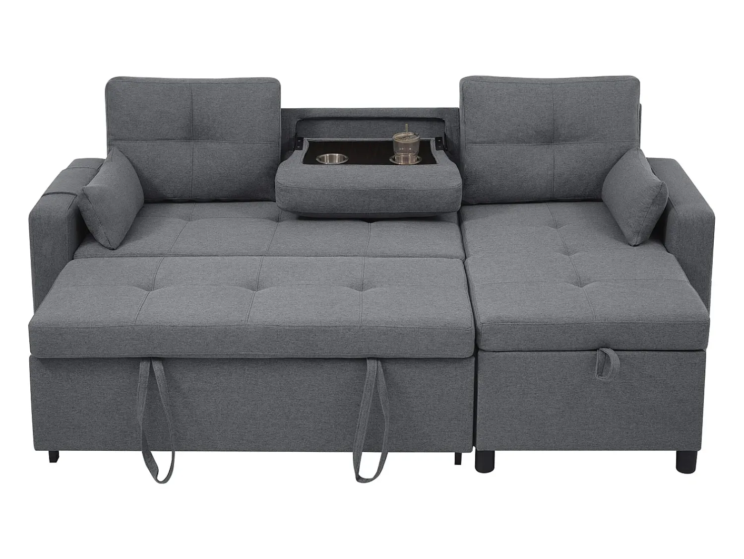 Hauss Spole Sofá-cama de canto de 3 lugares em linho - Com compartimento de arrumação e suporte para copos embutido.^ Sofá