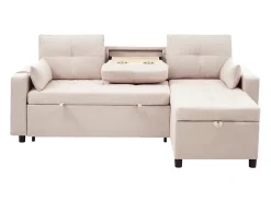 Sofá|Hauss Spole Sofá-cama de canto de 3 lugares em linho - Com compartimento de arrumação e suporte para copos embutido. Bege