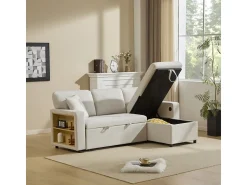 Sofá-cama de canto em formato de L com espaço de armazenamento e prateleira,^ Sofá