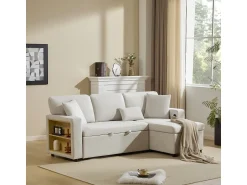 Sofá-cama de canto em formato de L com espaço de armazenamento e prateleira,^ Sofá
