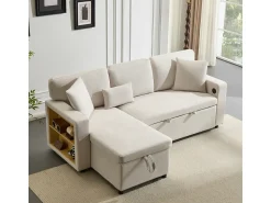 Sofá-cama de canto em formato de L com espaço de armazenamento e prateleira,^ Sofá