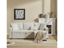 Sofá-cama de canto em formato de L com espaço de armazenamento e prateleira,^ Sofá