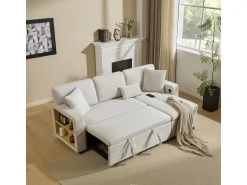 Sofá-cama de canto em formato de L com espaço de armazenamento e prateleira,^ Sofá