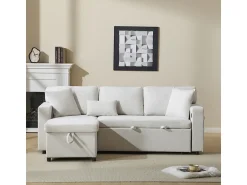 Sofá-cama de canto em formato de L com espaço de armazenamento e prateleira,^ Sofá