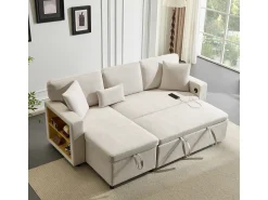 Sofá-cama de canto em formato de L com espaço de armazenamento e prateleira,^ Sofá