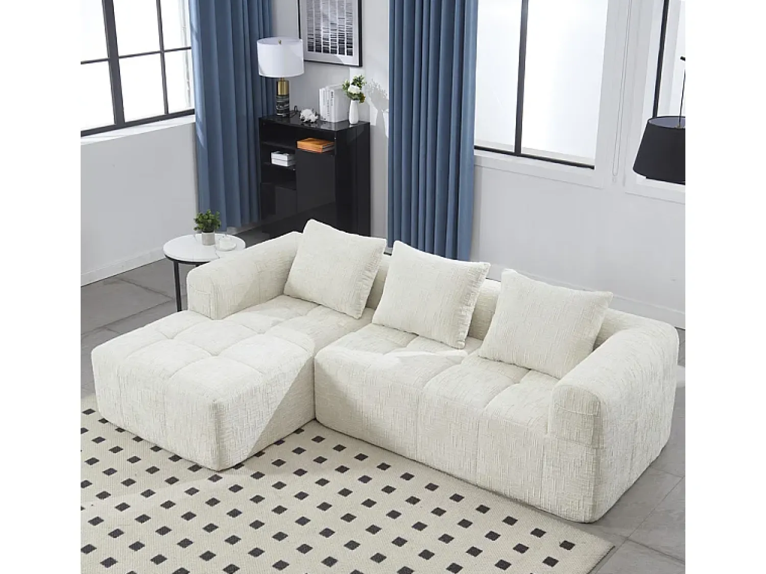 Sofá|DripeX Sofá-cama de canto em tecido Chenille - 3 lugares - com 3 almofadas - - 250x158x60cm Bege