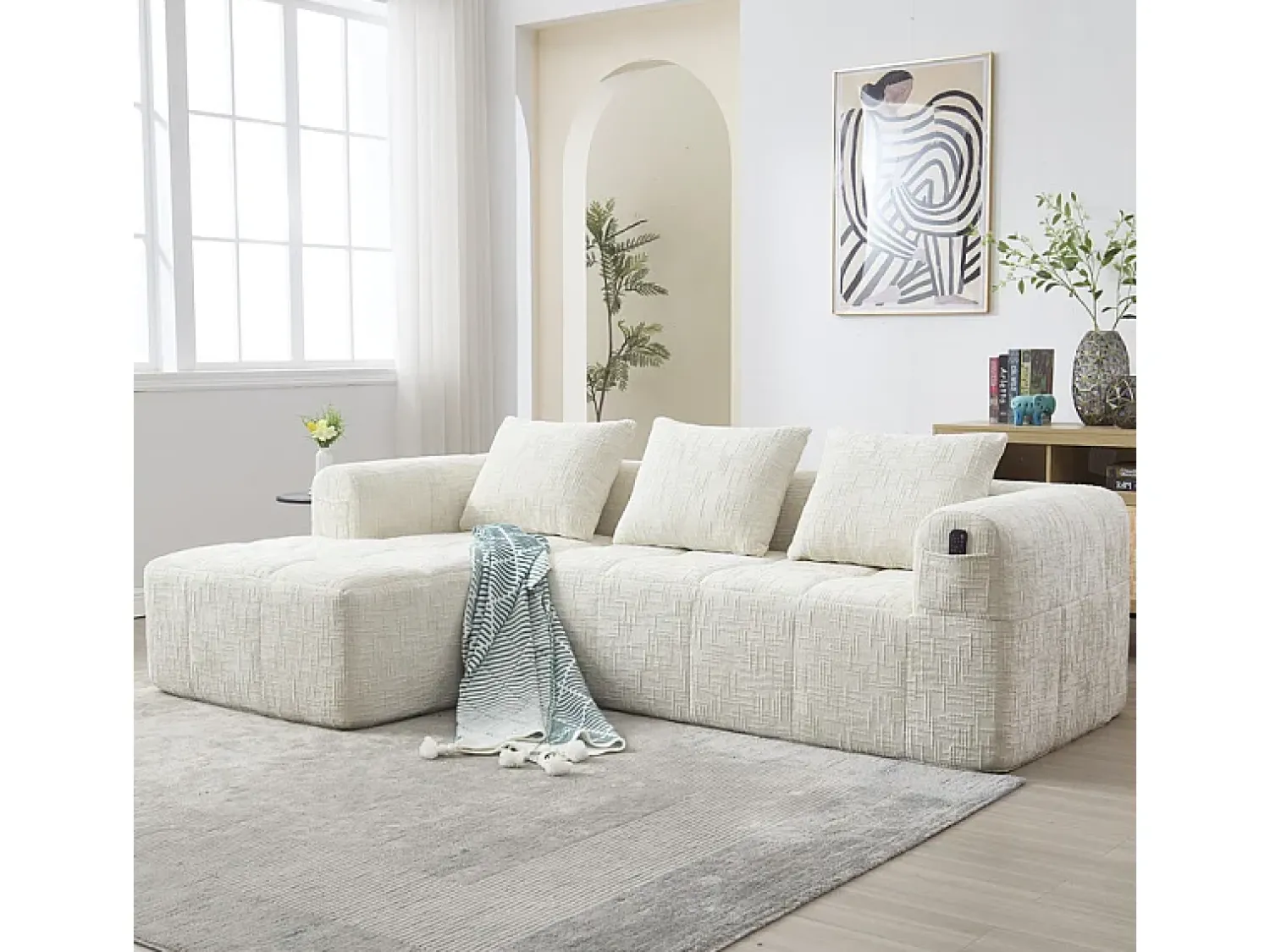 Sofá|DripeX Sofá-cama de canto em tecido Chenille - 3 lugares - com 3 almofadas - - 250x158x60cm Bege