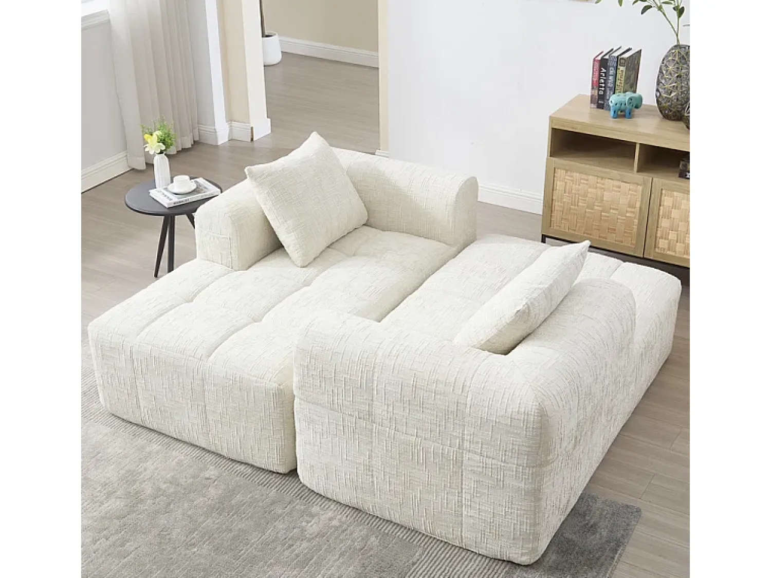 Sofá|DripeX Sofá-cama de canto em tecido Chenille - 3 lugares - com 3 almofadas - - 250x158x60cm Bege