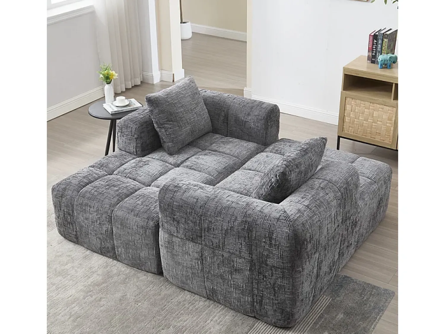 DripeX Sofá-cama de canto em tecido Chenille - 3 lugares - com 3 almofadas - Cinza - 250x158x60cm^ Sofá
