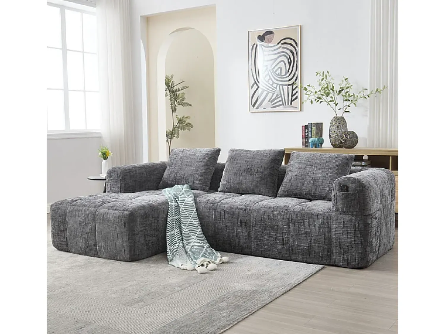 DripeX Sofá-cama de canto em tecido Chenille - 3 lugares - com 3 almofadas - Cinza - 250x158x60cm^ Sofá