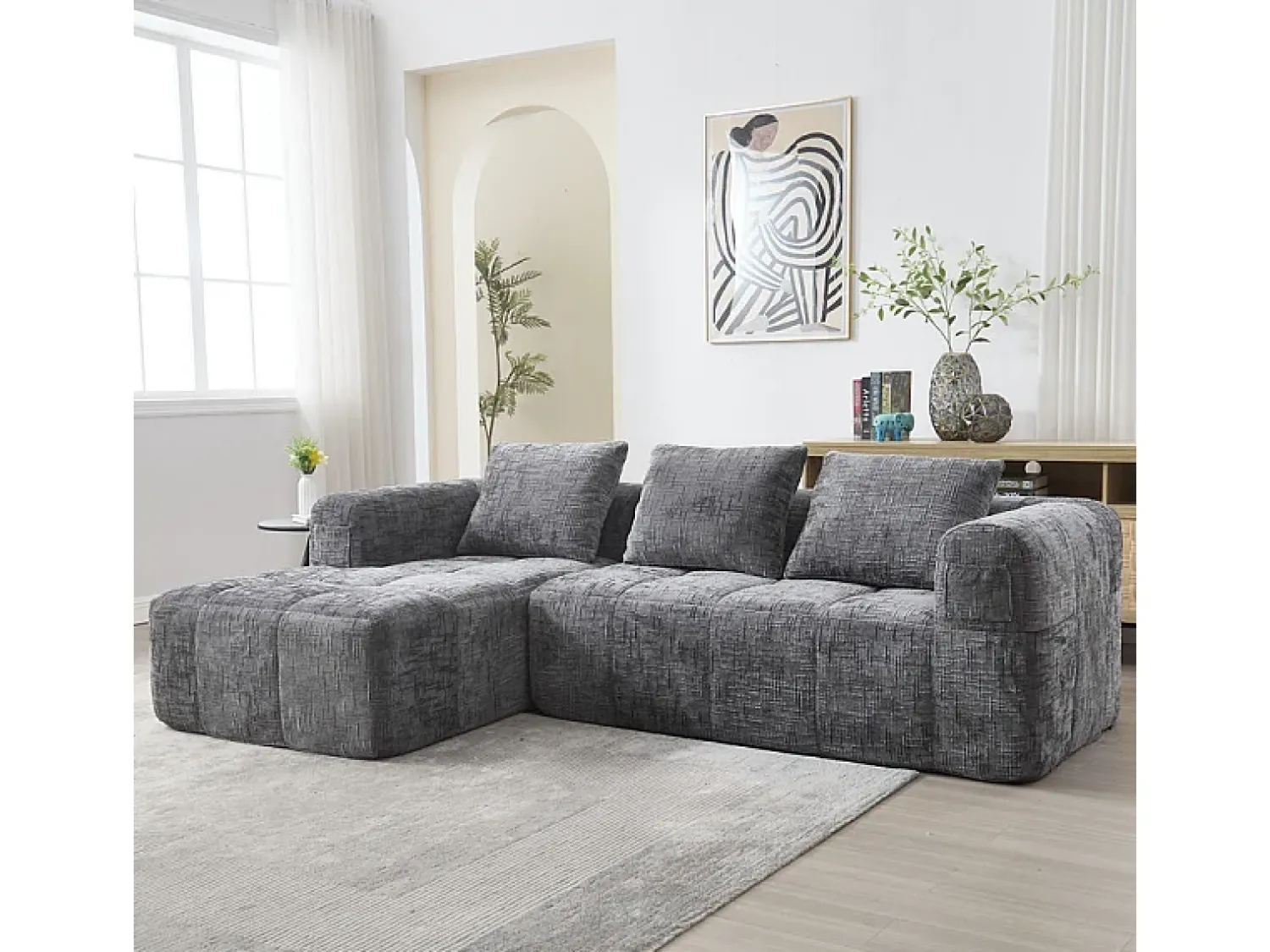 DripeX Sofá-cama de canto em tecido Chenille - 3 lugares - com 3 almofadas - Cinza - 250x158x60cm^ Sofá