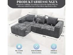 DripeX Sofá-cama de canto em tecido Chenille - 3 lugares - com 3 almofadas - Cinza - 250x158x60cm^ Sofá