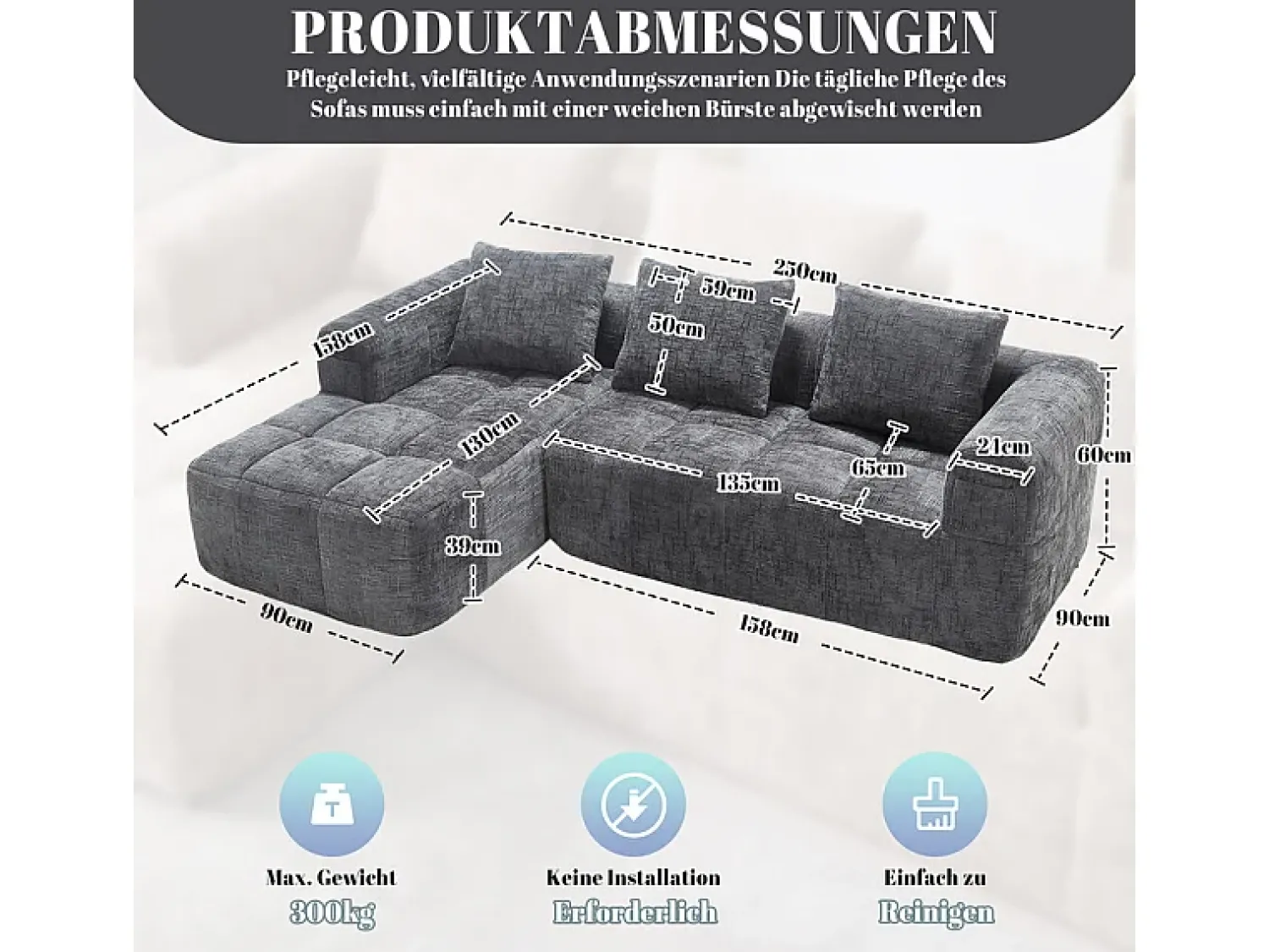 DripeX Sofá-cama de canto em tecido Chenille - 3 lugares - com 3 almofadas - Cinza - 250x158x60cm^ Sofá