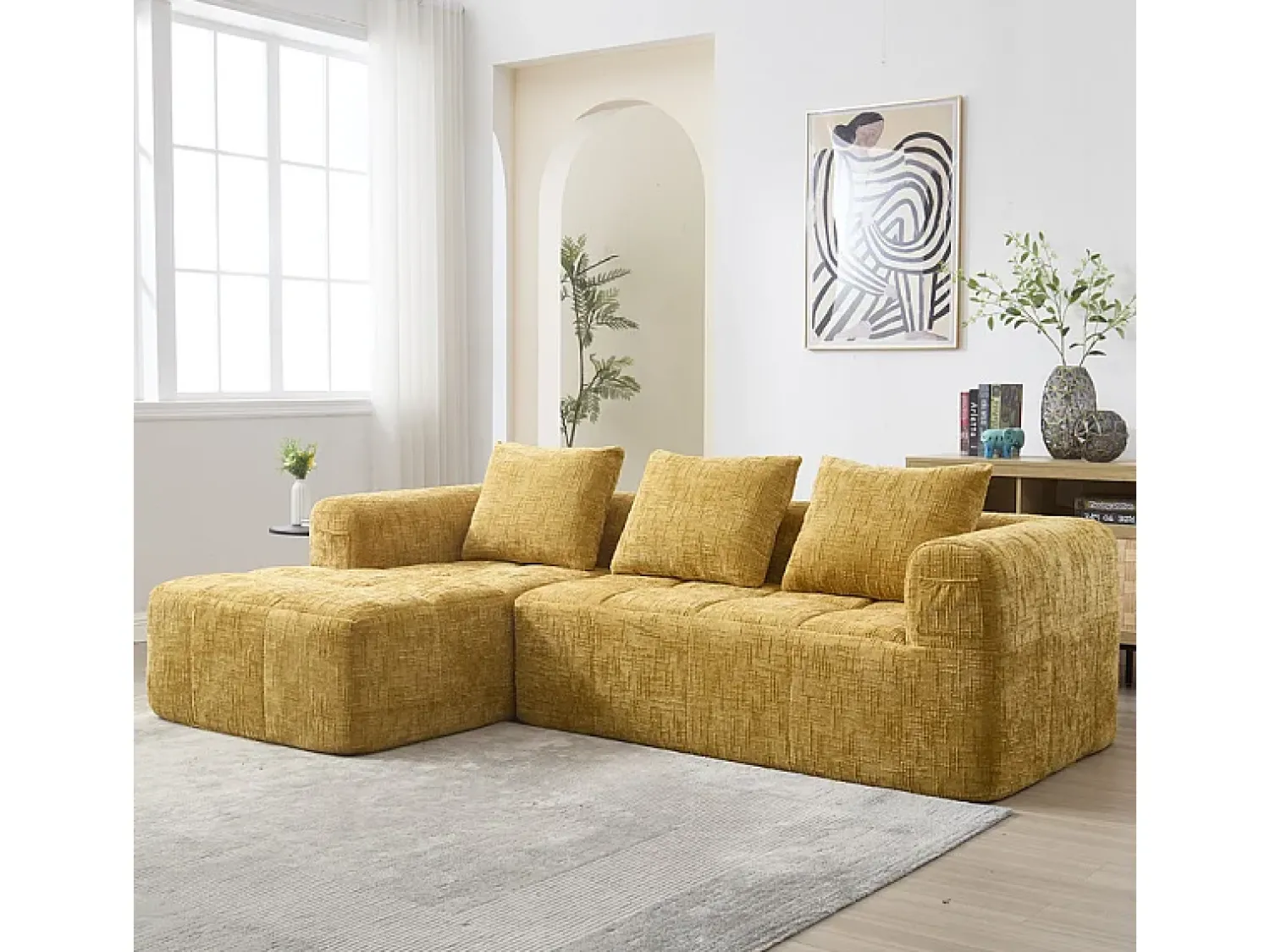 Sofá|DripeX Sofá-cama de canto em tecido Chenille - 3 lugares - com 3 almofadas - - 250x158x60cm Amarelo