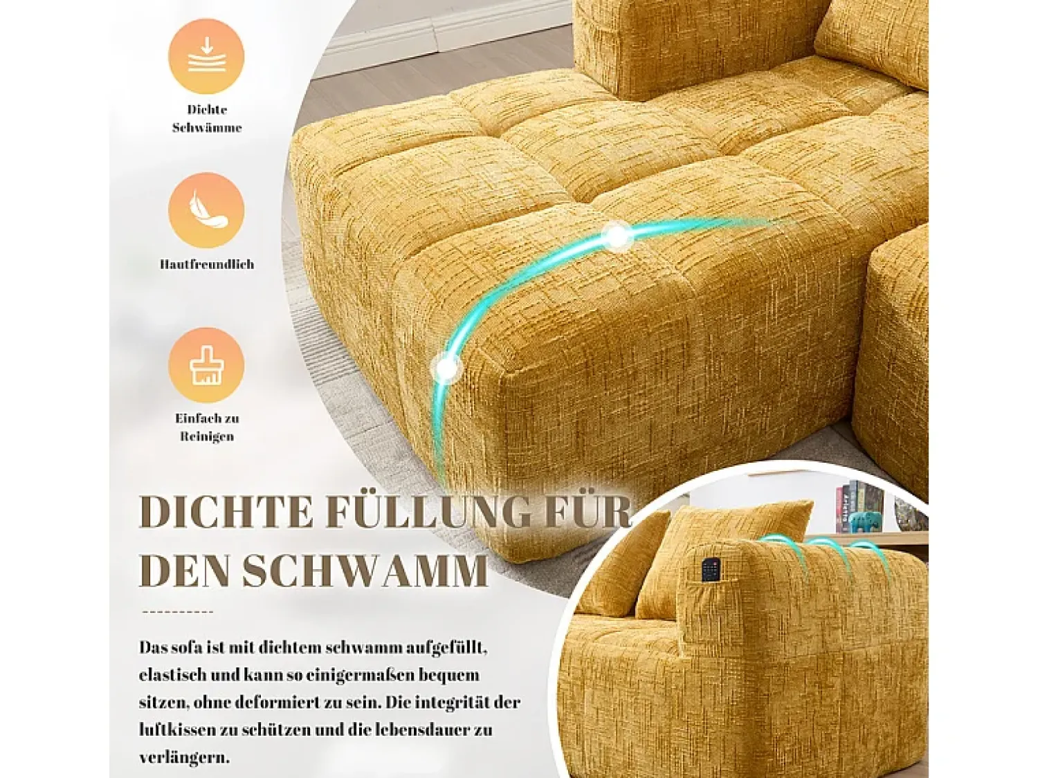 Sofá|DripeX Sofá-cama de canto em tecido Chenille - 3 lugares - com 3 almofadas - - 250x158x60cm Amarelo