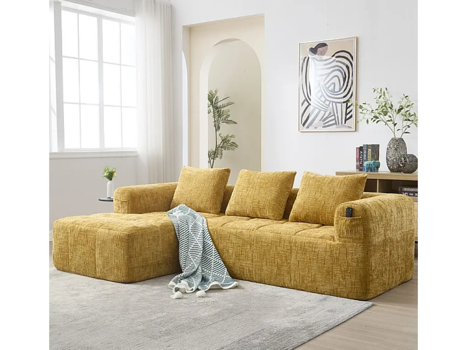 Sofá|DripeX Sofá-cama de canto em tecido Chenille - 3 lugares - com 3 almofadas - - 250x158x60cm Amarelo