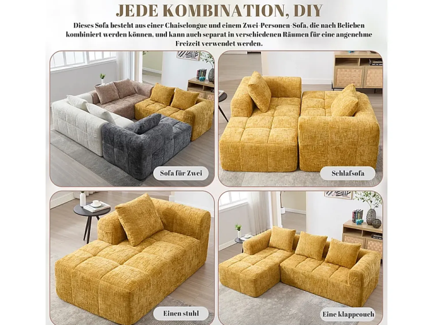 Sofá|DripeX Sofá-cama de canto em tecido Chenille - 3 lugares - com 3 almofadas - - 250x158x60cm Amarelo