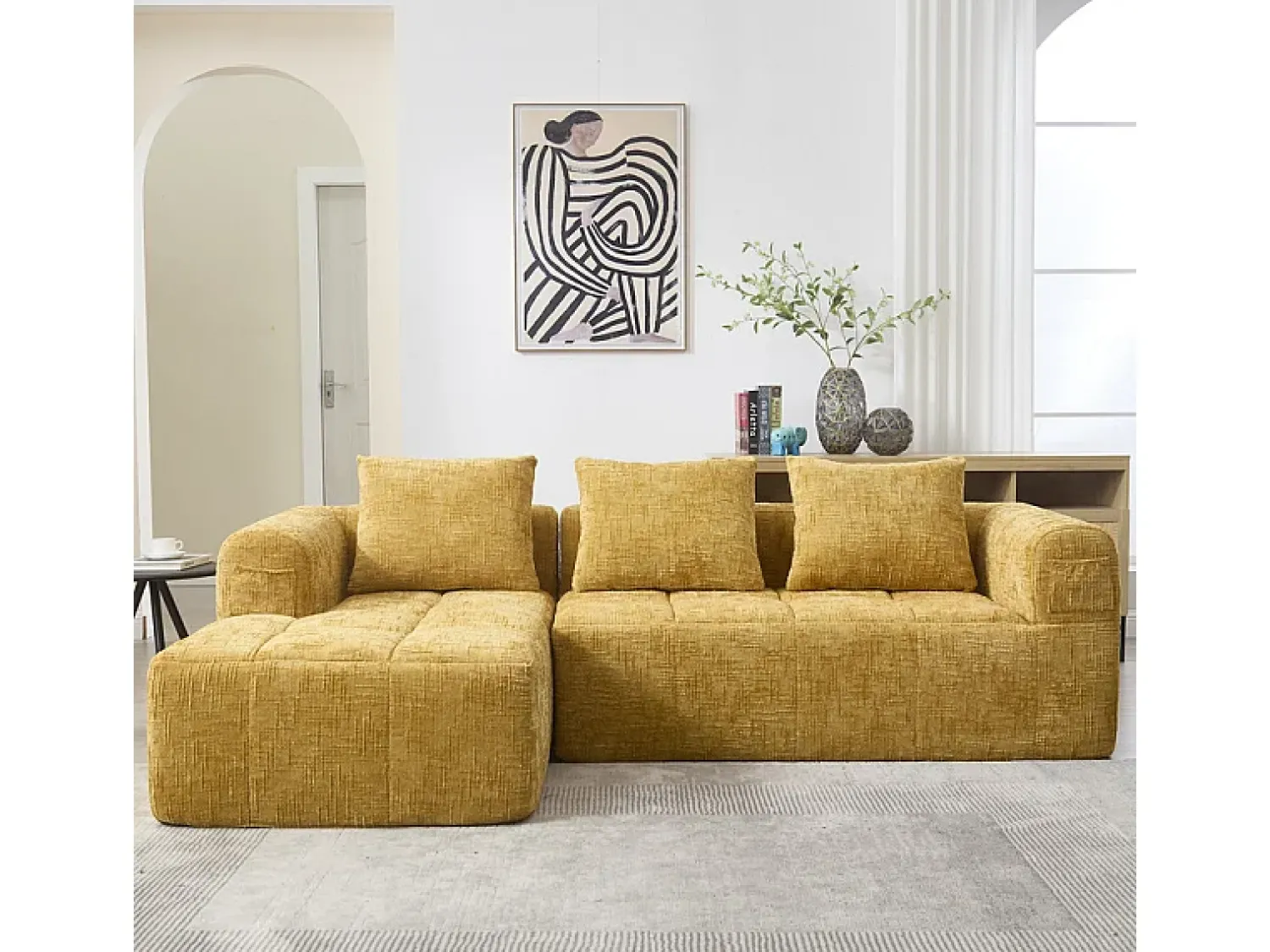 Sofá|DripeX Sofá-cama de canto em tecido Chenille - 3 lugares - com 3 almofadas - - 250x158x60cm Amarelo