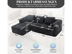 Sofá*DripeX Sofá-cama de canto em tecido Chenille - 3 lugares - com 3 almofadas - - 250x158x60cm Preto