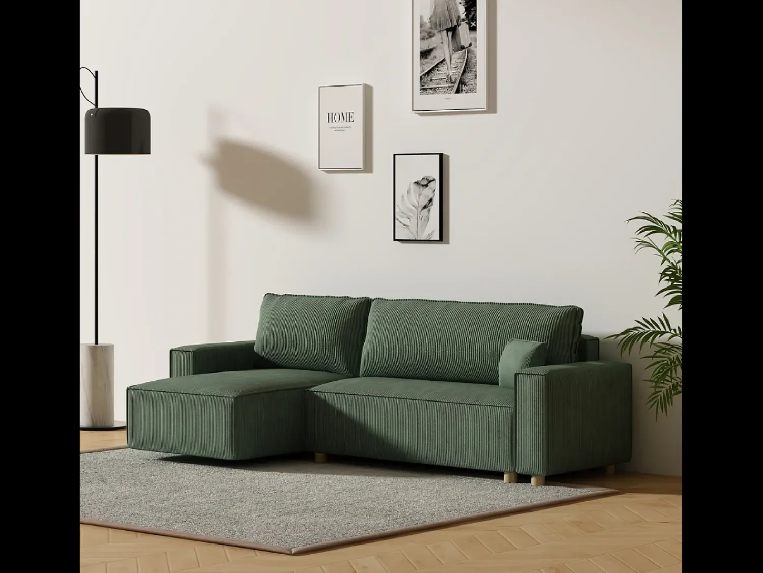 Sofá|Concept-Usine Sofá-Cama de Canto em Veludo Cotelê COSY - Estilo Elegante e Confortável Verde
