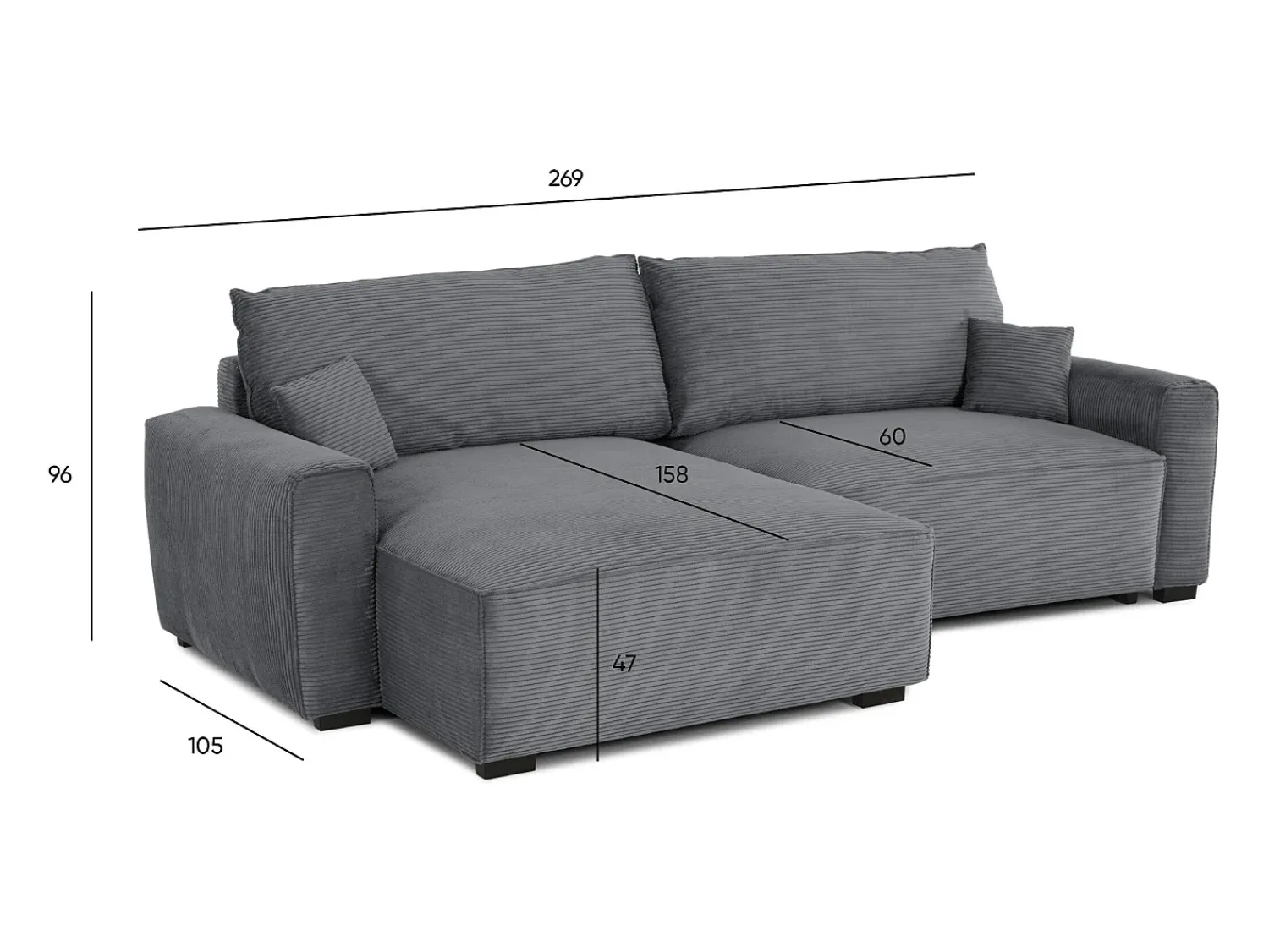 Sofá| Sofá-Cama de Canto Lauren Cinza 4 Lugares com Armazenamento, Chaise Longue Reversível e Tecido Fácil de Limpar Cinzento