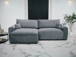 Sofá| Sofá-Cama de Canto Lauren Cinza 4 Lugares com Armazenamento, Chaise Longue Reversível e Tecido Fácil de Limpar Cinzento